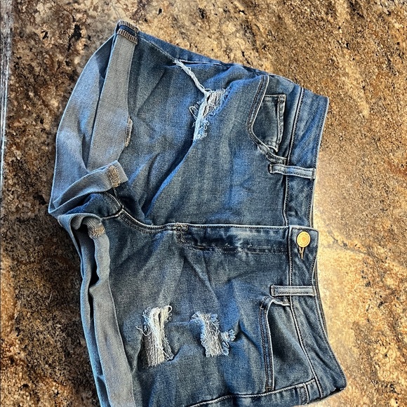 SO High Waist Distressed Denim Shorts - Blue - Picture 1 of 5